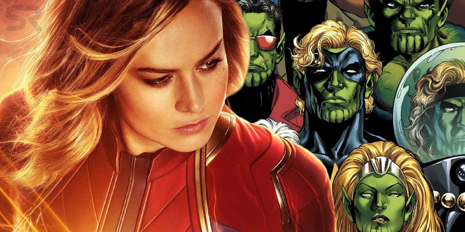 Captain Marvel with Skrulls in the background