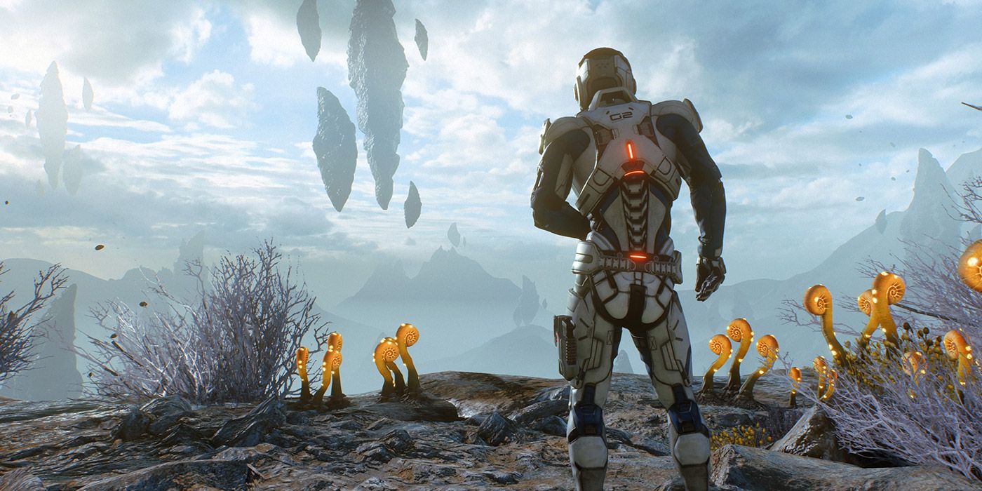Alex Ryder in his suit on a new alien planet in Mass Effect: Andromeda