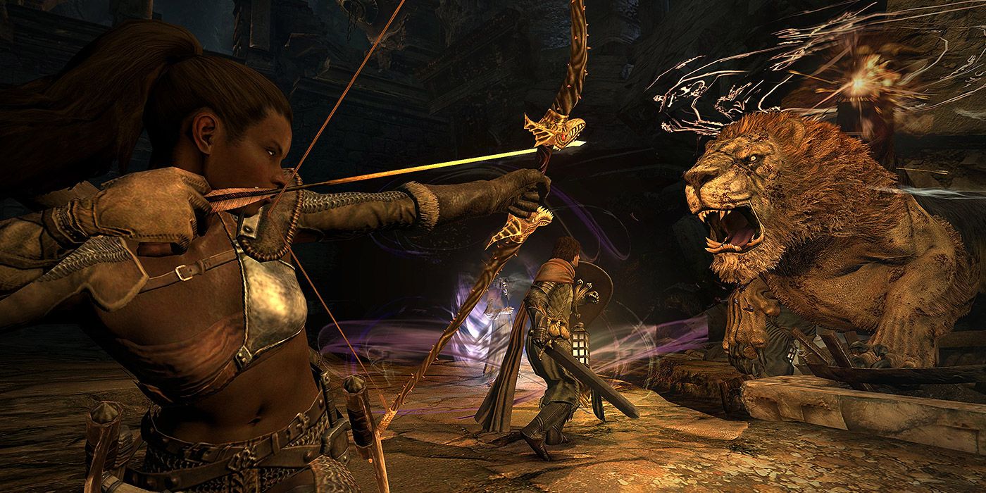 A female archer fires an arrow at a lion in Dragon's Dogma