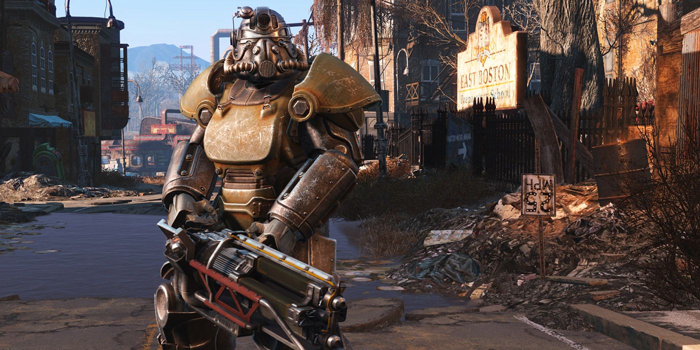 A warrior in a Power Suit standing in the Commonwealth wasteland of Fallout 4
