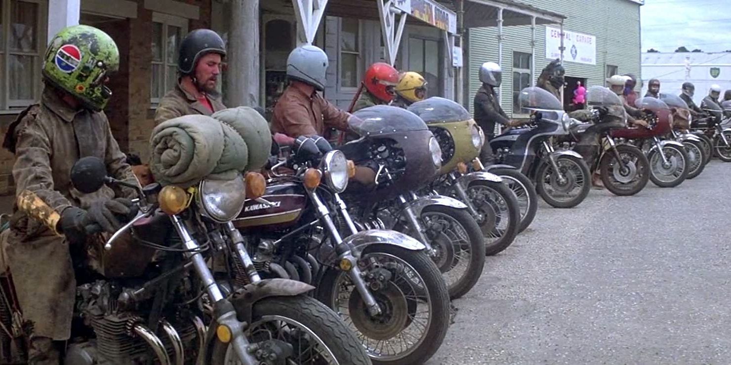 The bikers lined up in Mad Max 1979