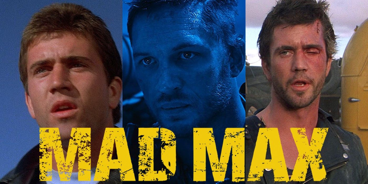 Split image of Mel Gibson in Mad Max and Mad Max 2 flanking Tom Hardy's Max in Fury Road with the franchise logo on top