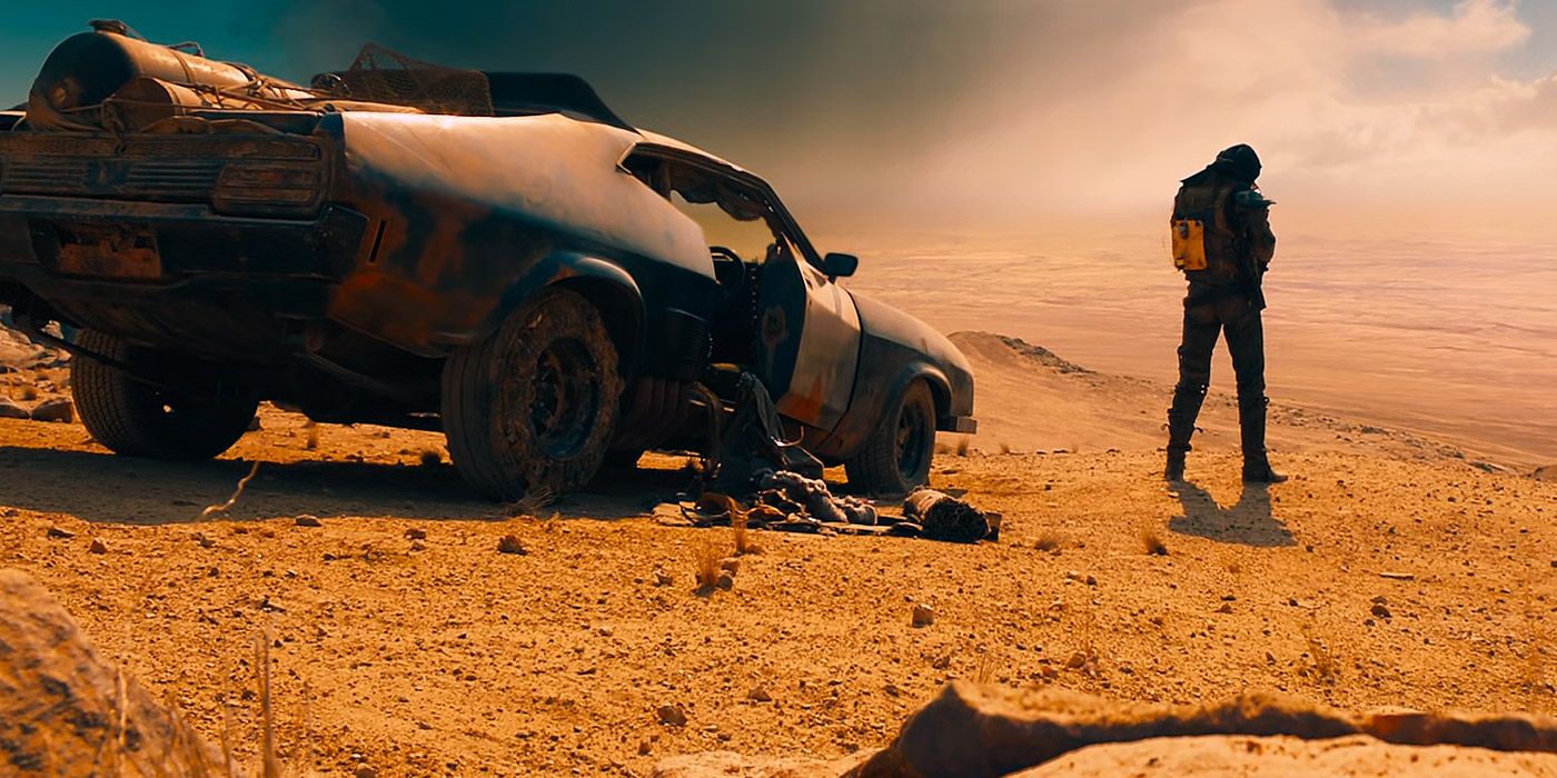 Max on a hill with his V8 Interceptor in Mad Max: Fury Road