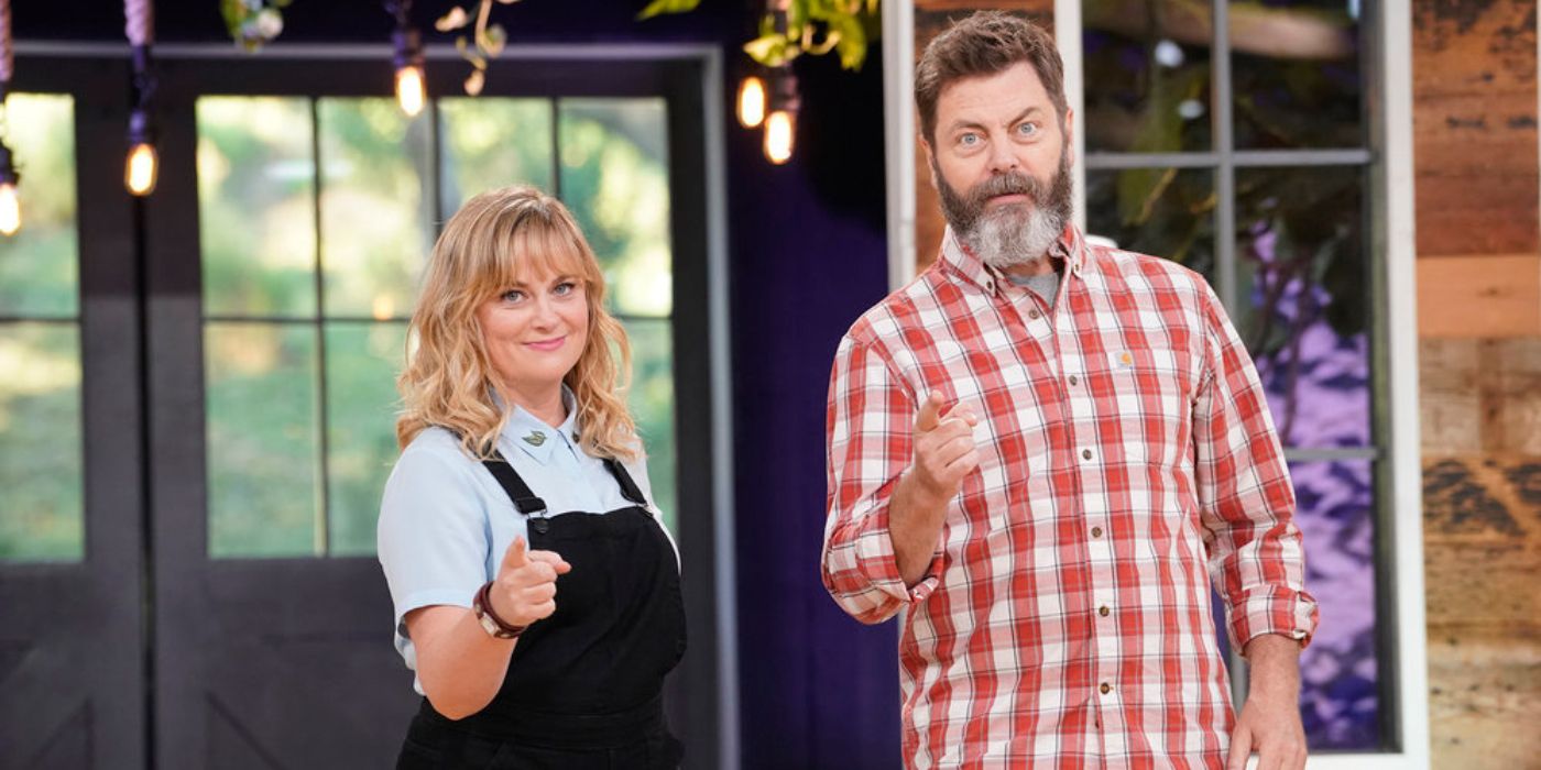 Making It Amy Poehler and Nick Offerman smile and point to the camera