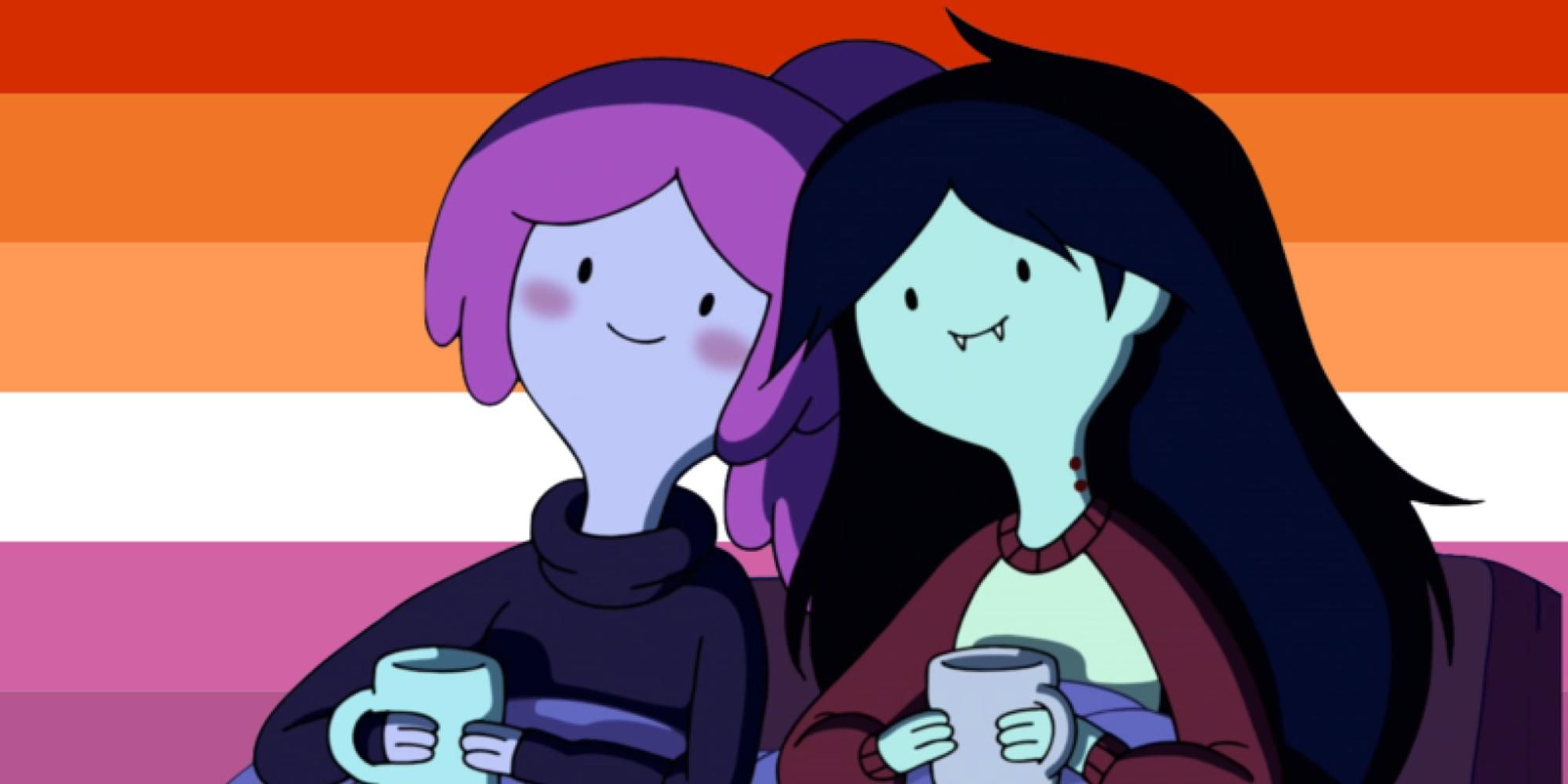 Marceline and Bubblegum in front of Lesbian Pride Flag