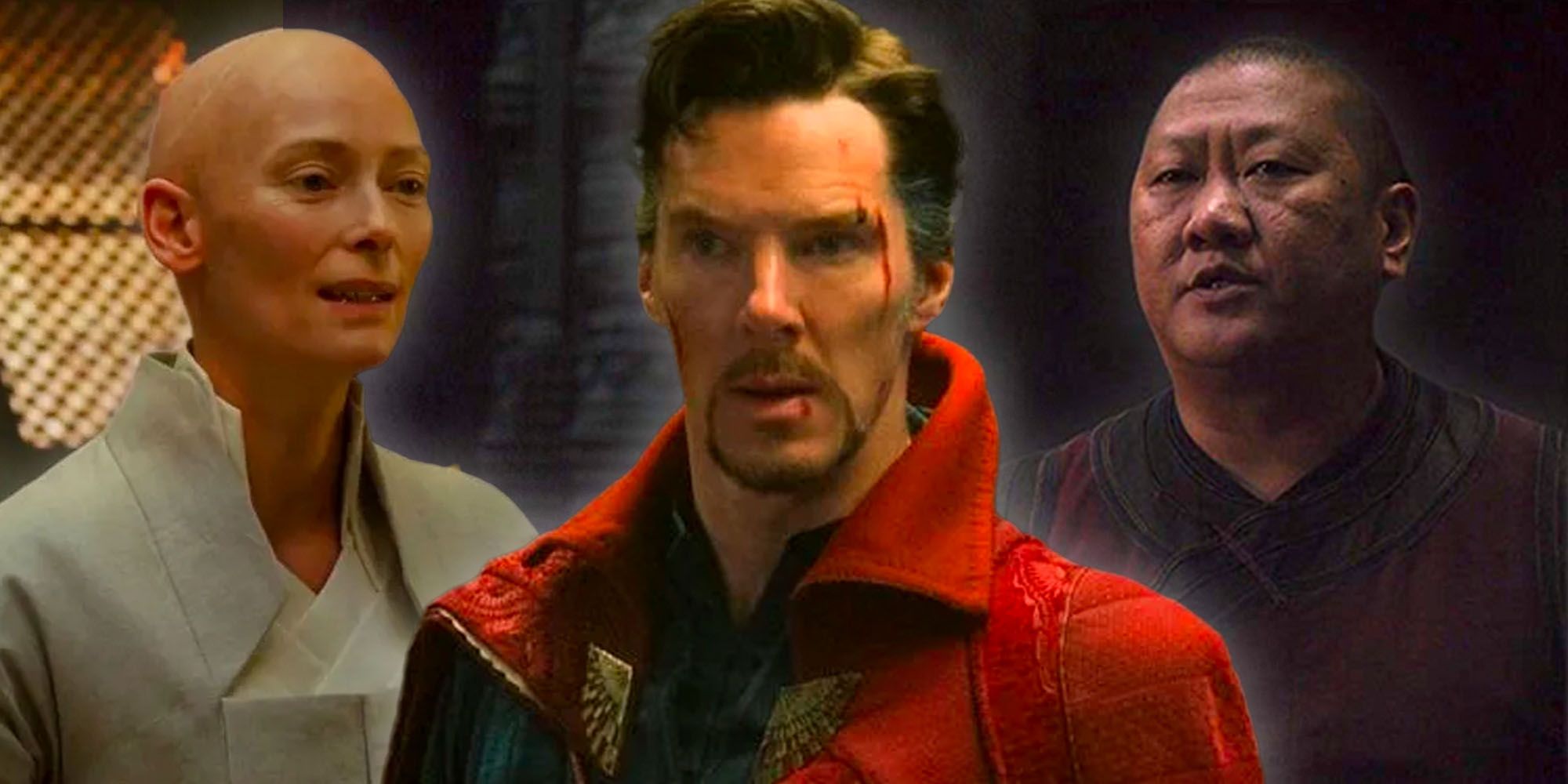 A collage of The Ancient One, Stephen Strange and Wong from Doctor Strange 2016