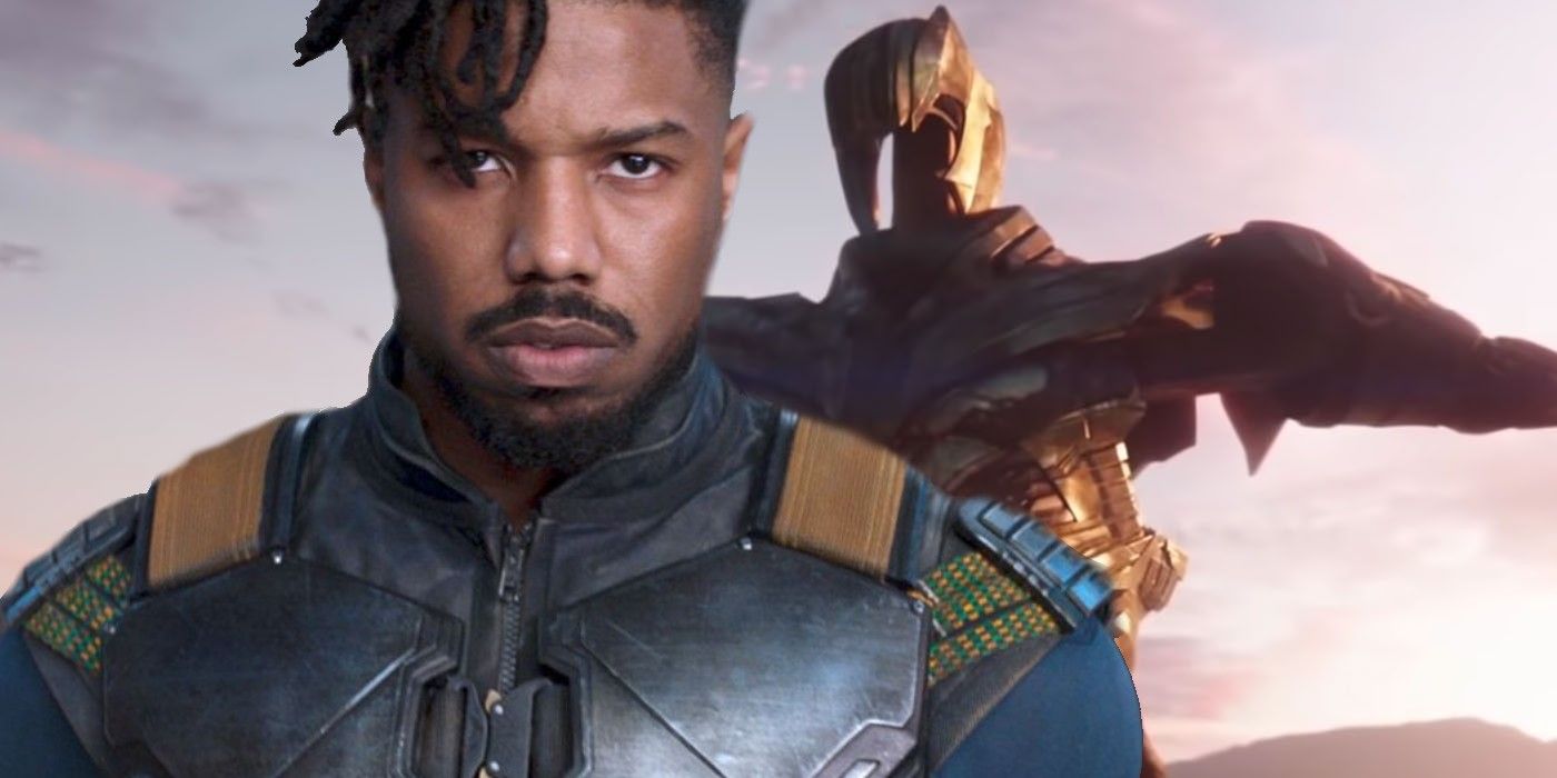 Michael B Jordan as Killmonger in Black Panther and Avengers Endgame Thanos armor