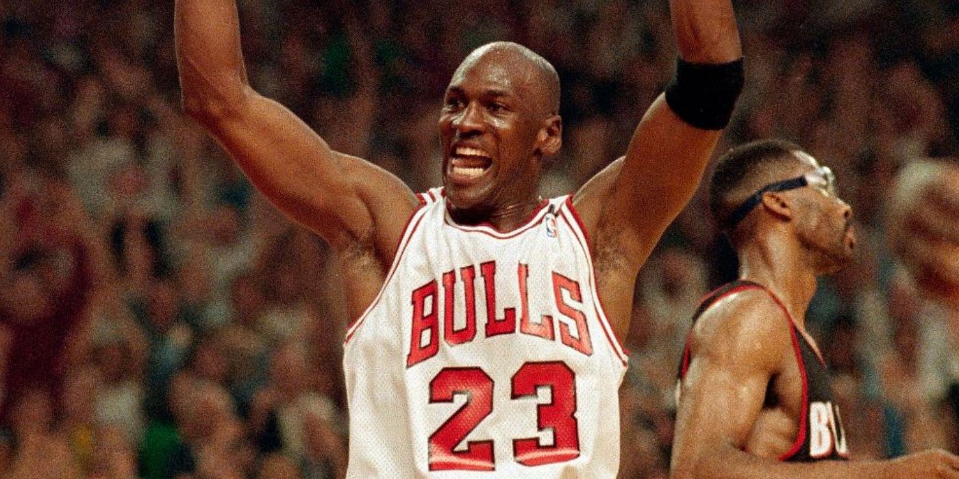 Michael Jordan celebrates on the court in The Last Dance