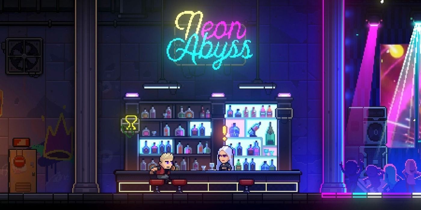 The player sits at the bar in Neon Abyss