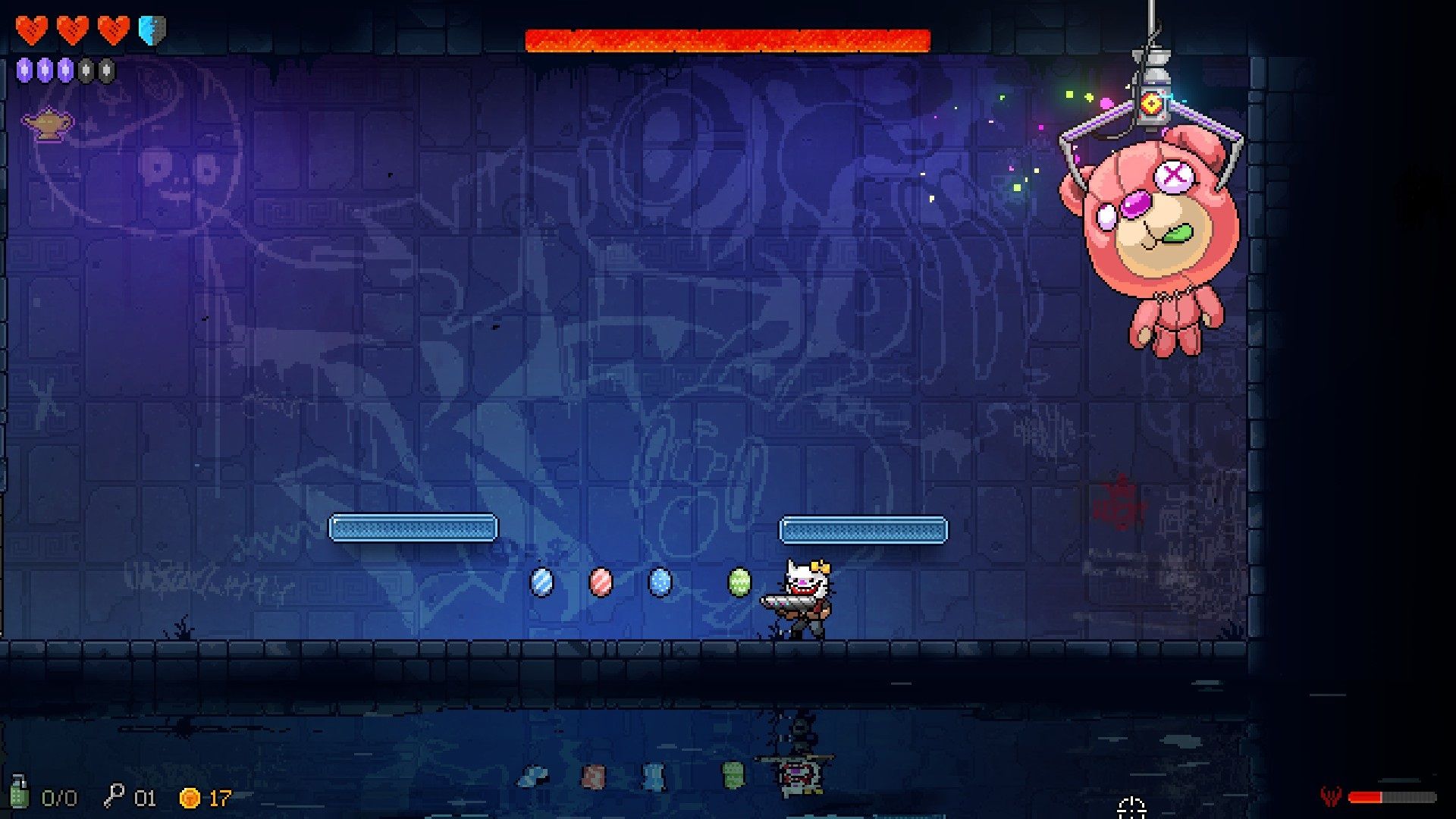 The player faces off against a claw machine boss in Neon Abyss