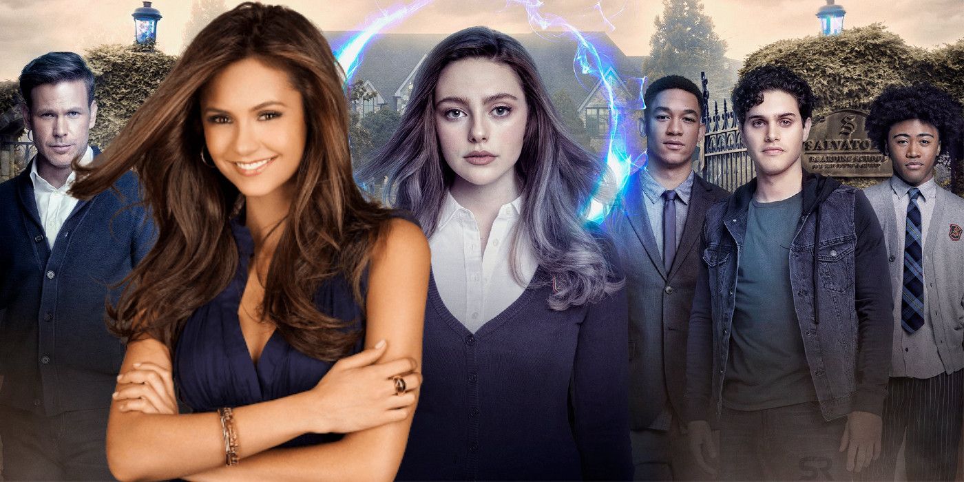 Nina Dobrev as Elena Gilbert, Danielle Rose Russell as Hope Mikaelson, with the Legacies cast in the background