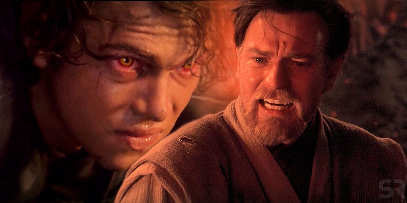 Split image of Obi-Wan and Anakin on Mustafar in Revenge of the Sith.