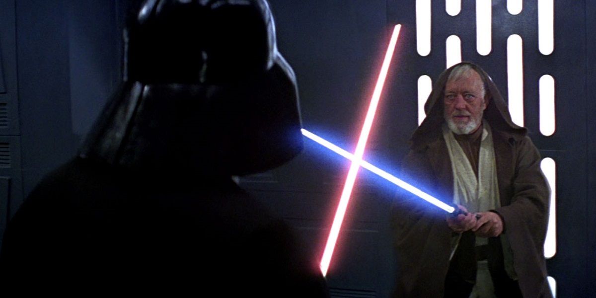 Obi-Wan Kenobi and Darth Vader do battle on the Death Star in Star Wars/A New Hope