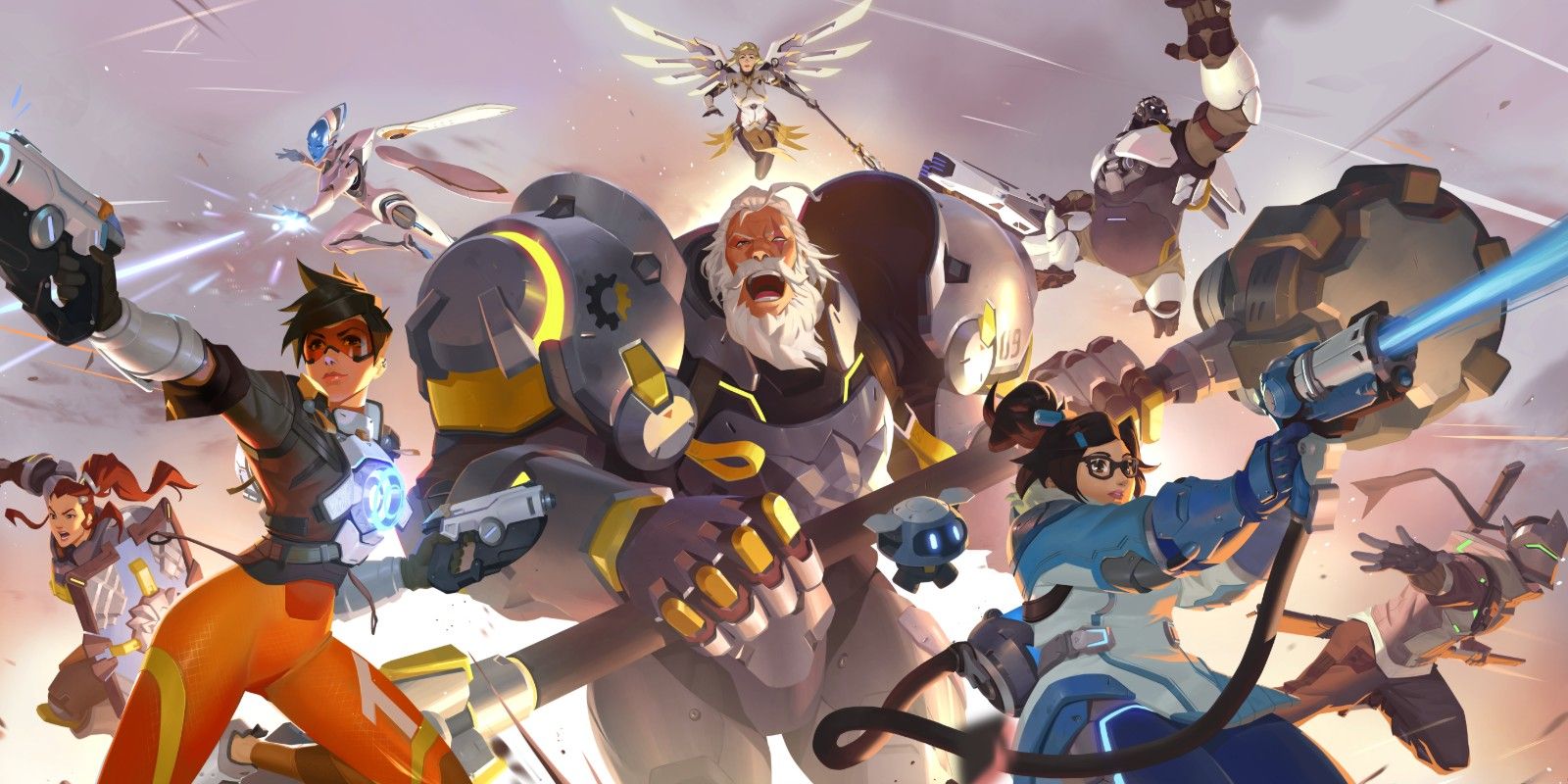 Artwork promoting the PvE exerience for Overwatch 2 showing Tracer, Reinhardt, and Mei with various heroes in the background.
