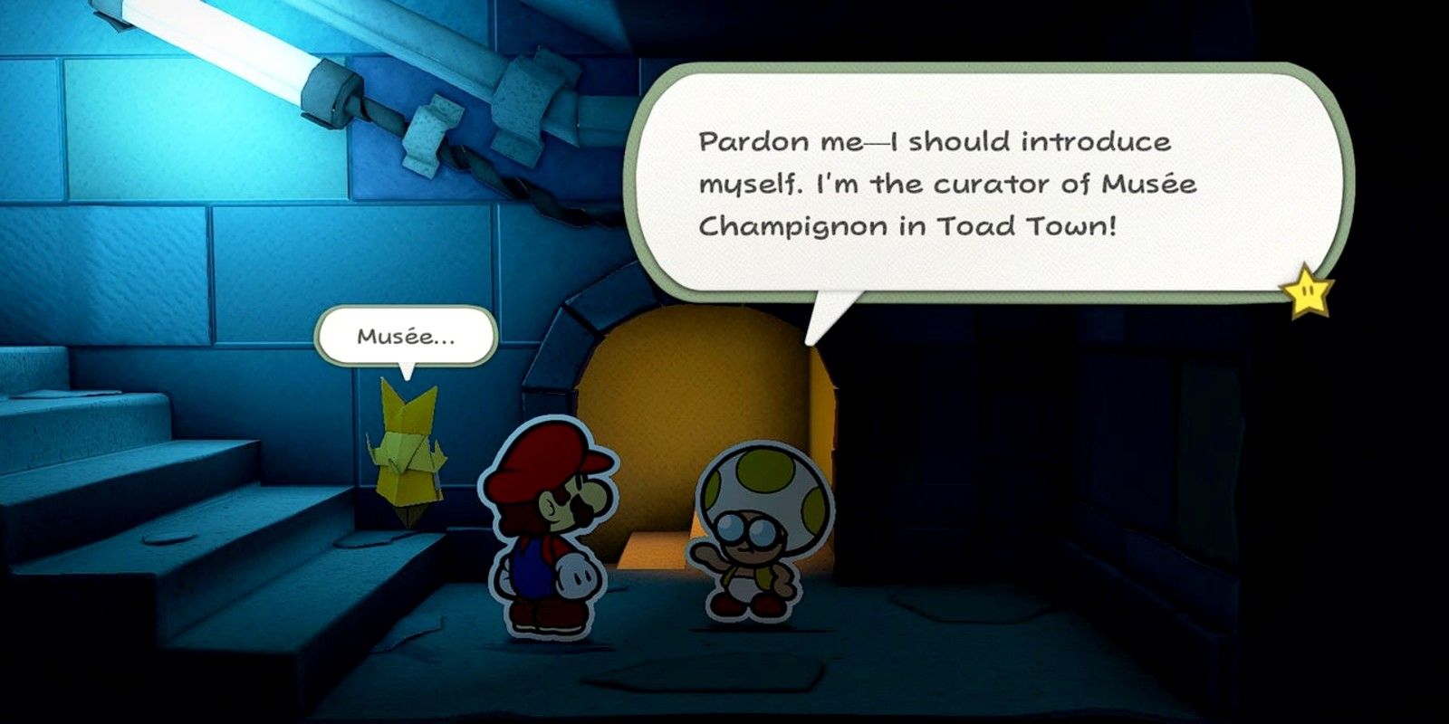 Mario meets the Toad Museum Curator in the Graffiti Underground in Paper Mario: The Origami King