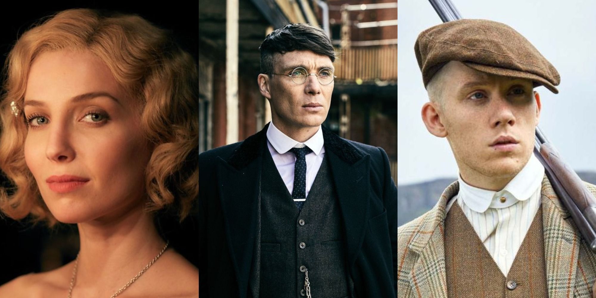 A split image of Grace Burgess, Thomas Shelby and John Shelby from Peaky Blinders