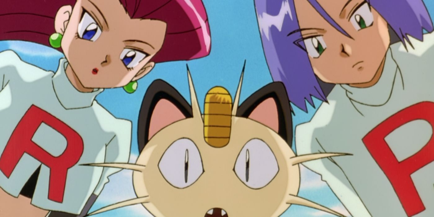 Jessie, James, and Meowth look at something with surprised expressions