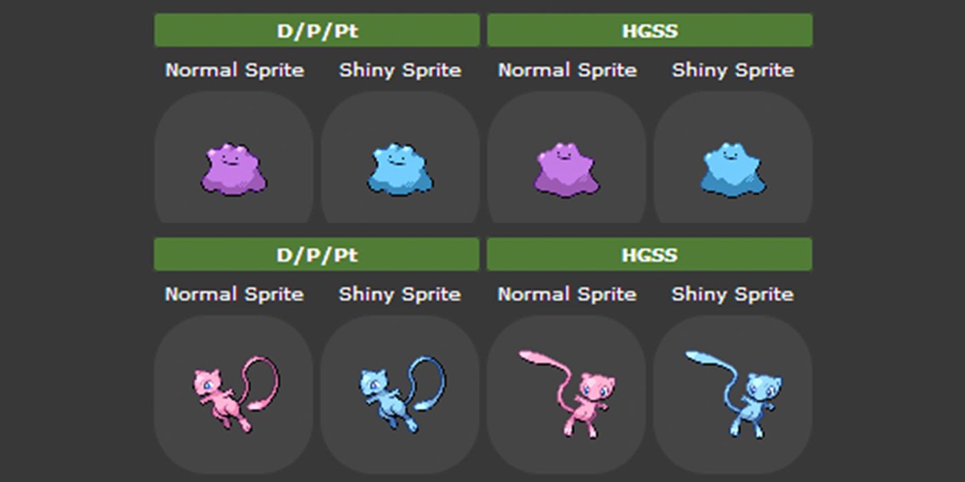 Image of Mew and Ditto sprites showcasing their similar pink/purple and blue color schemes.