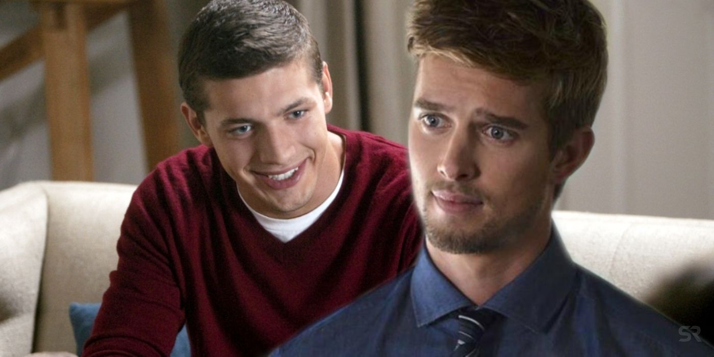 A blended image features Parker Bagley and Drew Van Acker as Jason DiLaurentis in Pretty Little Liars