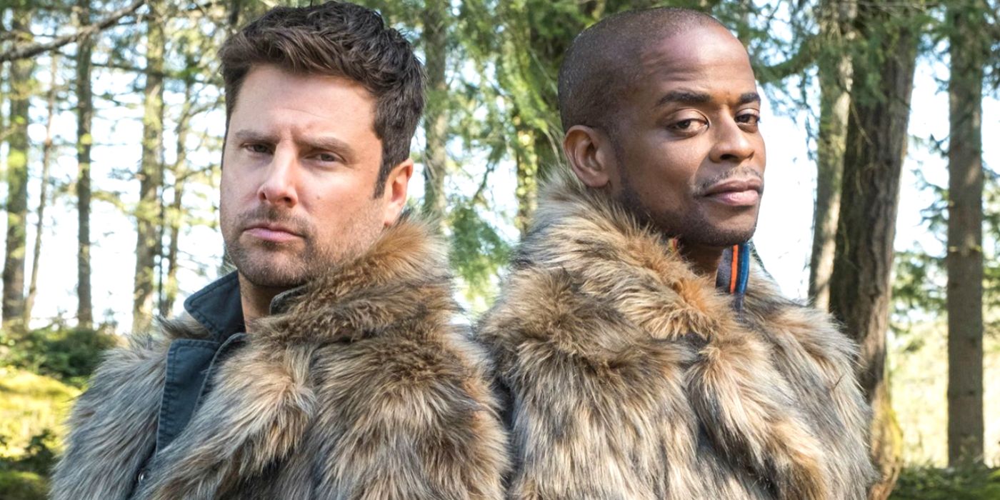 Shawn and Gus posing in fur coats in Psych 2 Lassie Come Home