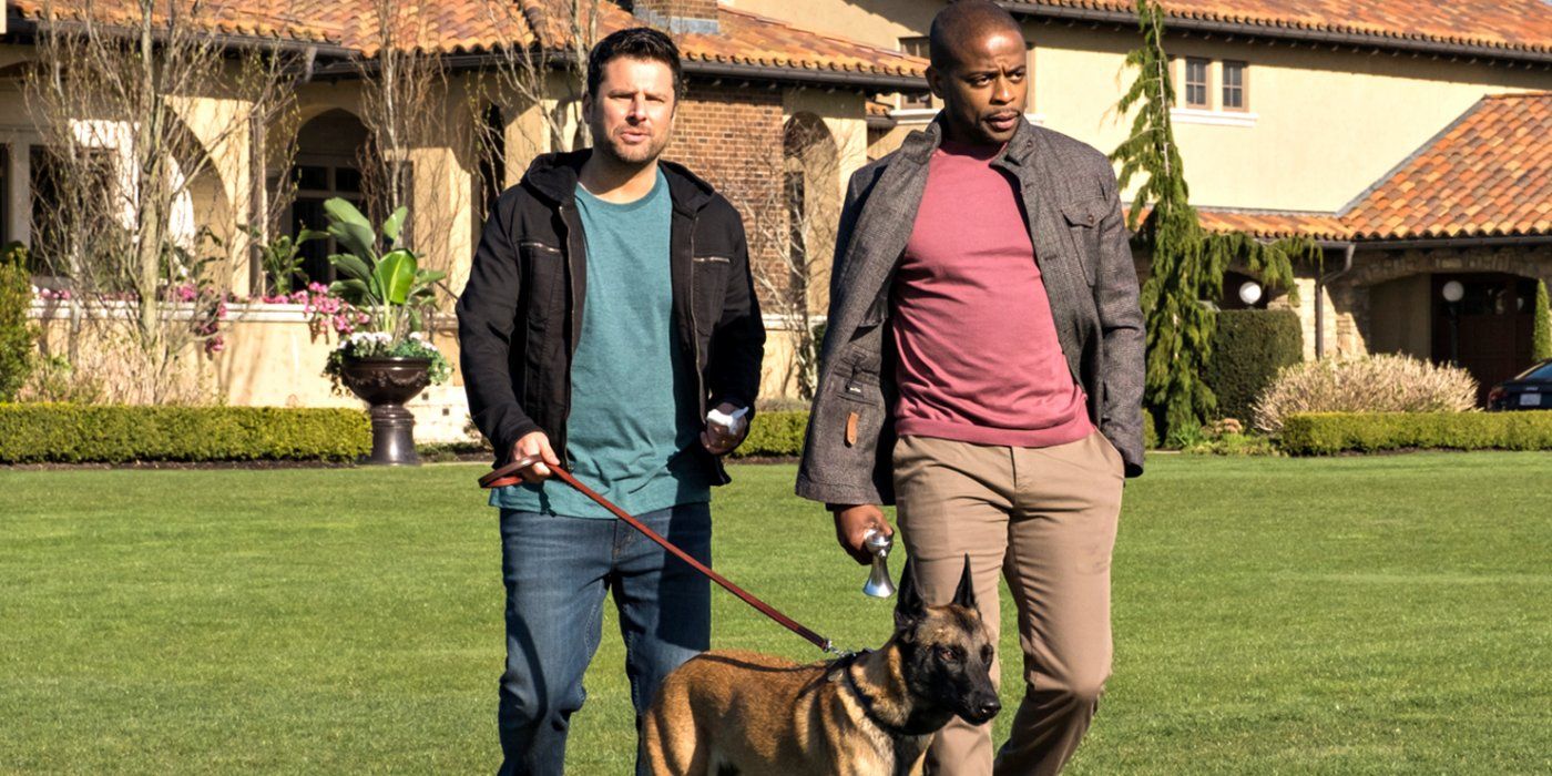 Shawn and Gus walk a dog in Psych 2 Lassie Come Home.