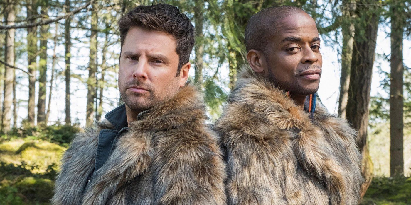 Shawn and Gus wearing fur coats in Psych 2: Lassie Come Home