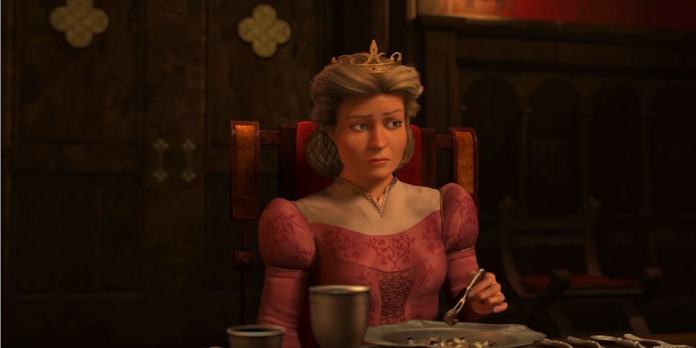 Queen Lillian looking apprehensive while eating in Shrek