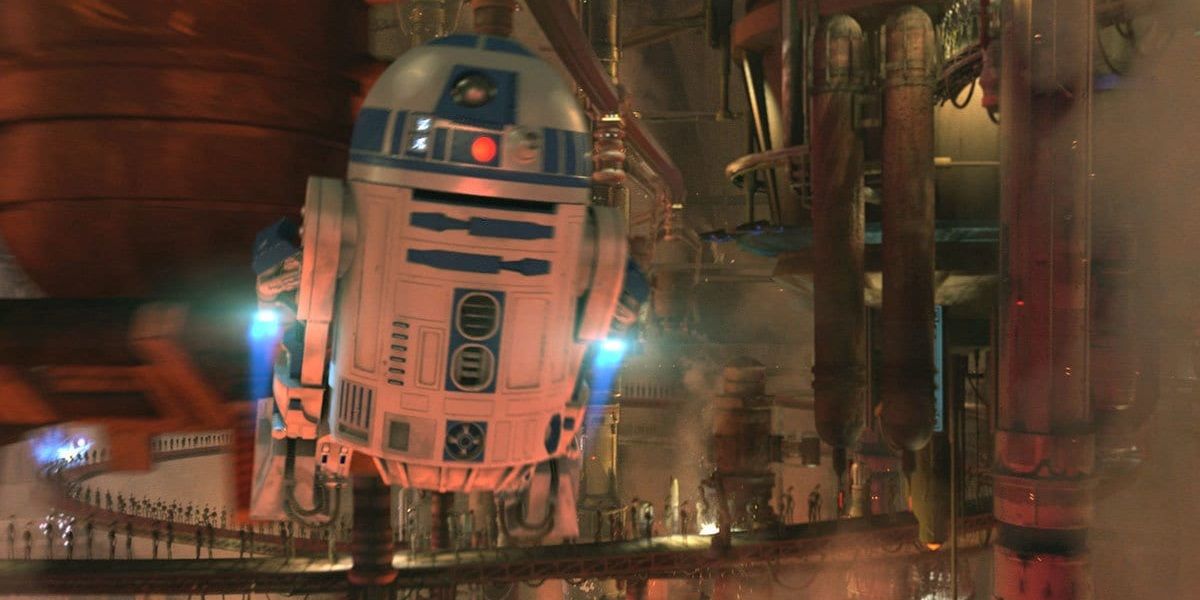 R2-D2 flying in a droid factory in Attack of the Clones