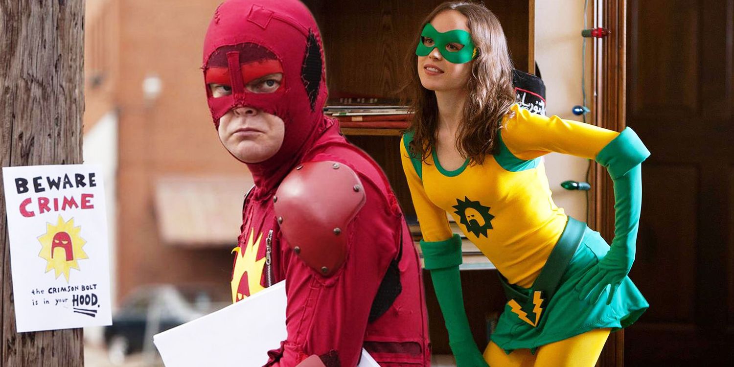 Superimposed image of Rainn Wilson and Ellen Page in their hero costumes in James Gunn's Super.