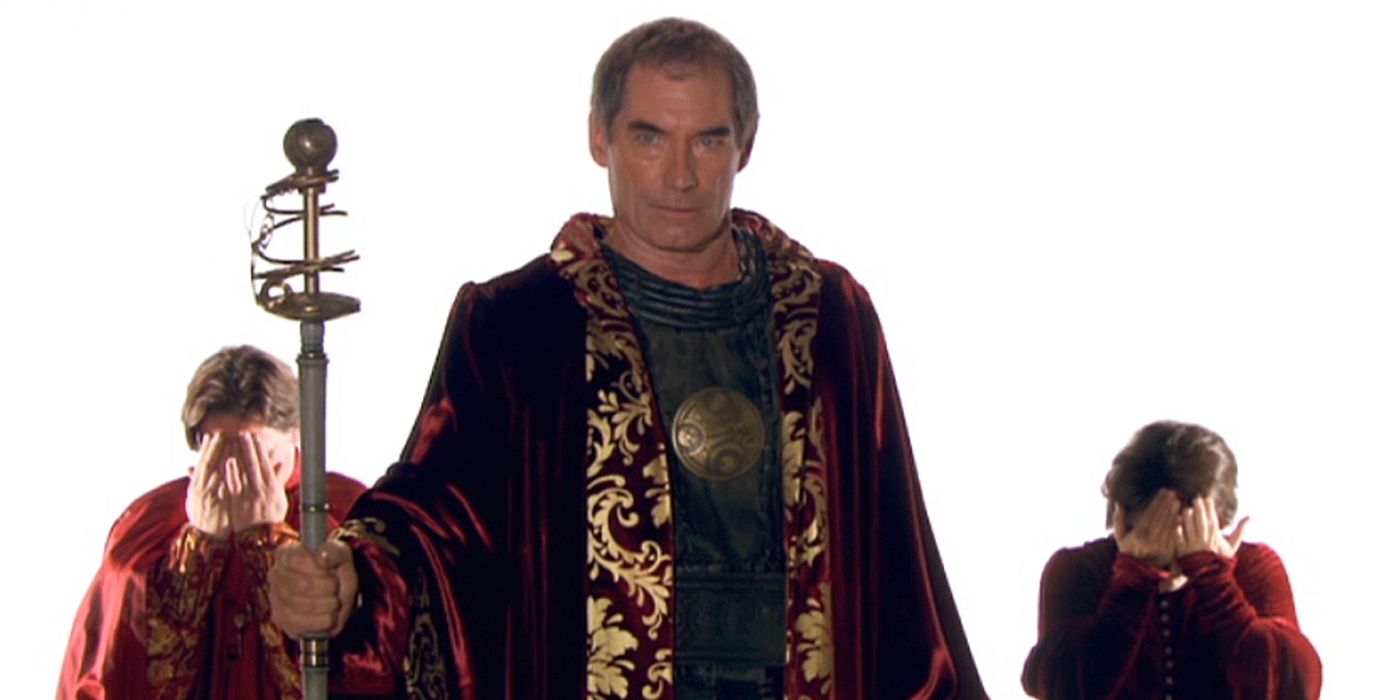 Timothy Dalton as Rassilon and other Time Lords in Doctor Who.