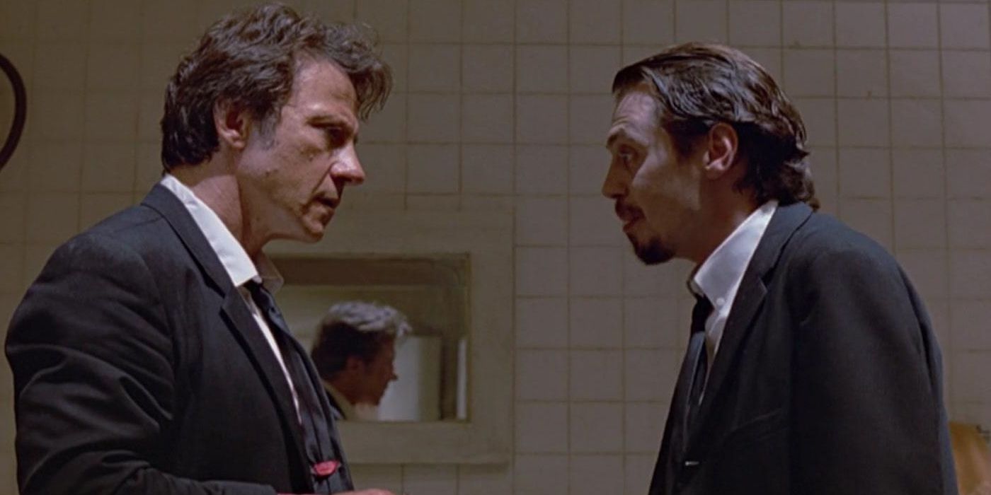 Mr White and Mr Pink talk in the bathroom in Reservoir Dogs