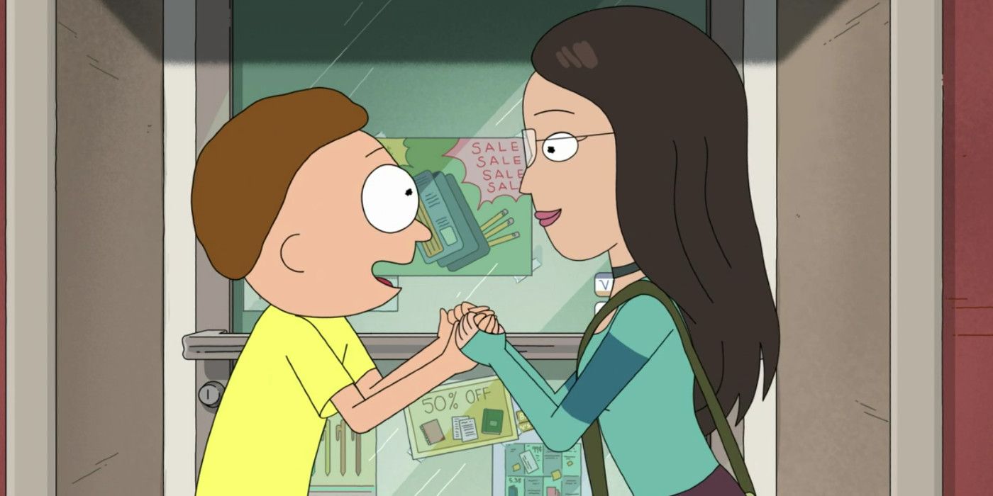 Morty e sua namorada de mãos dadas em Rick e Morty