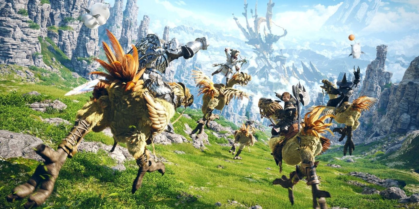 Several adventurers riding Chocobos in Final Fantasy 14 promotional art.