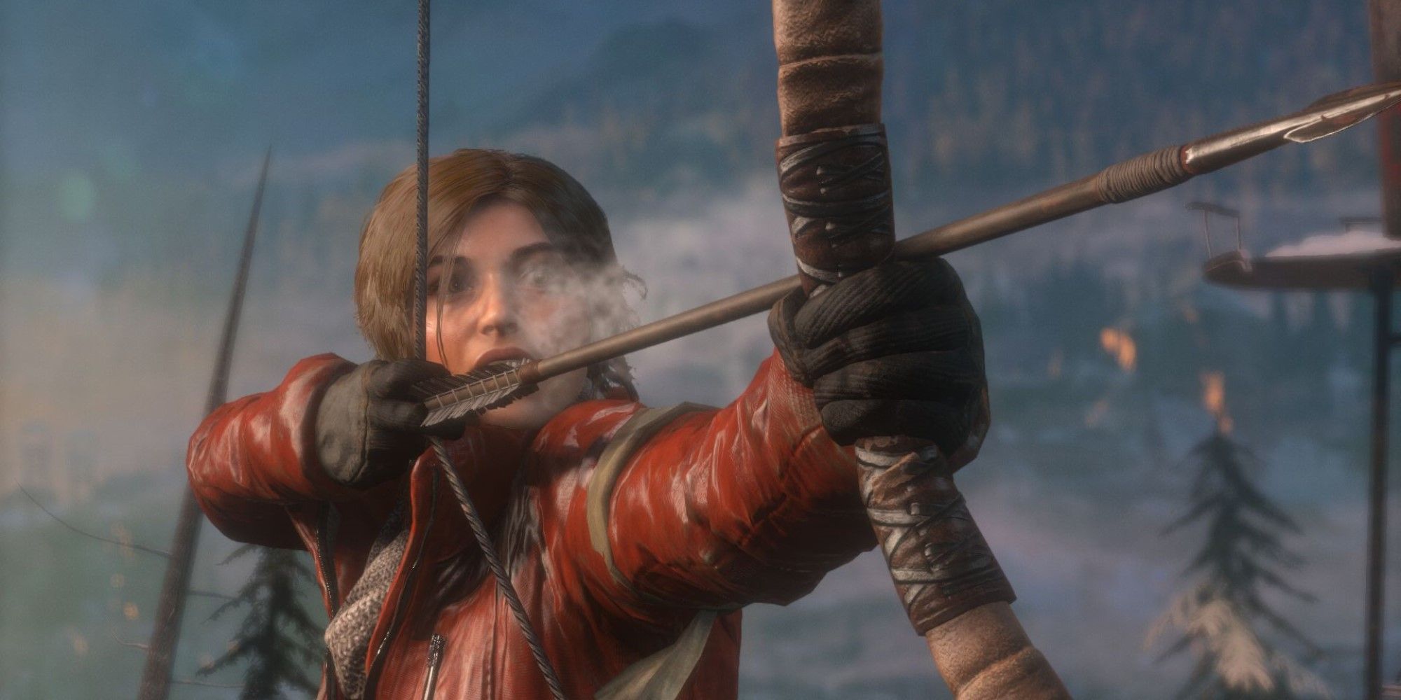 Lara uses her bow and arrow in Rise of the Tomb Raider