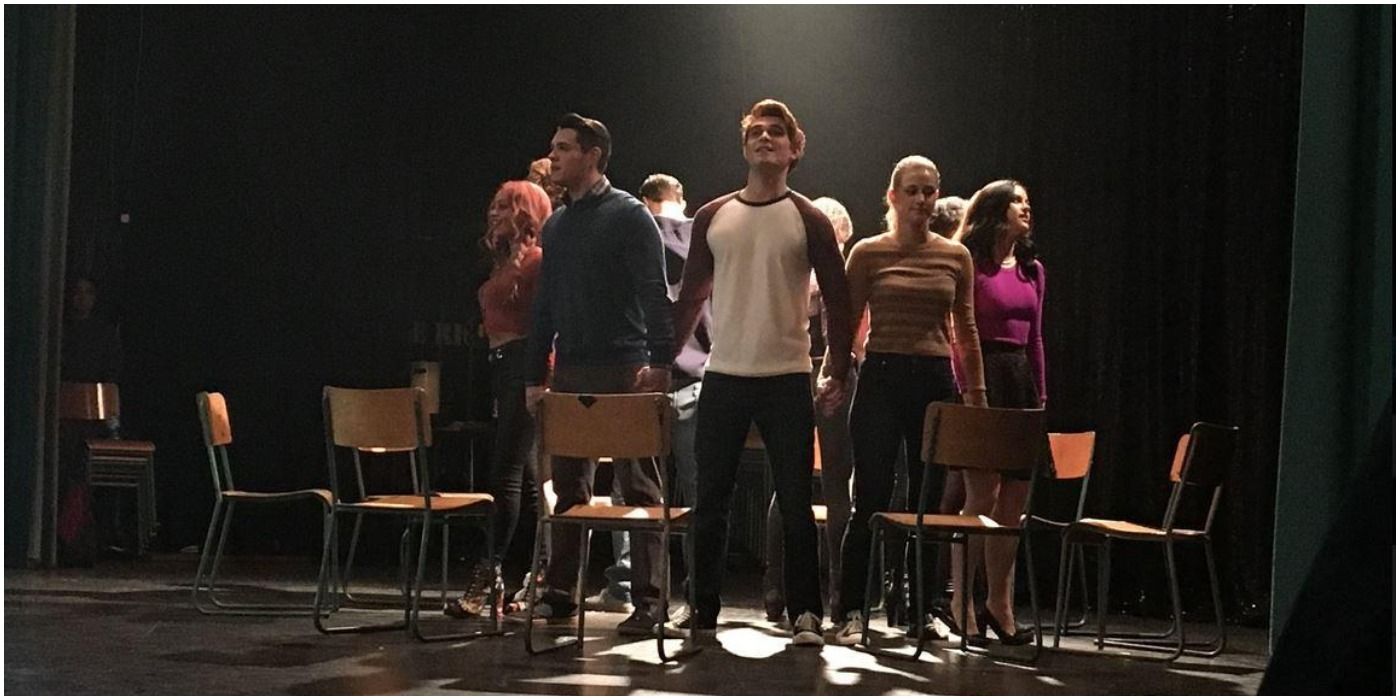 Riverdale Cast Including KJ Apa as Archie Camila Mendes as Veronica Lili Reinhart as Betty and Casey Cott as Kevin Rehearsing Carrie the Musical