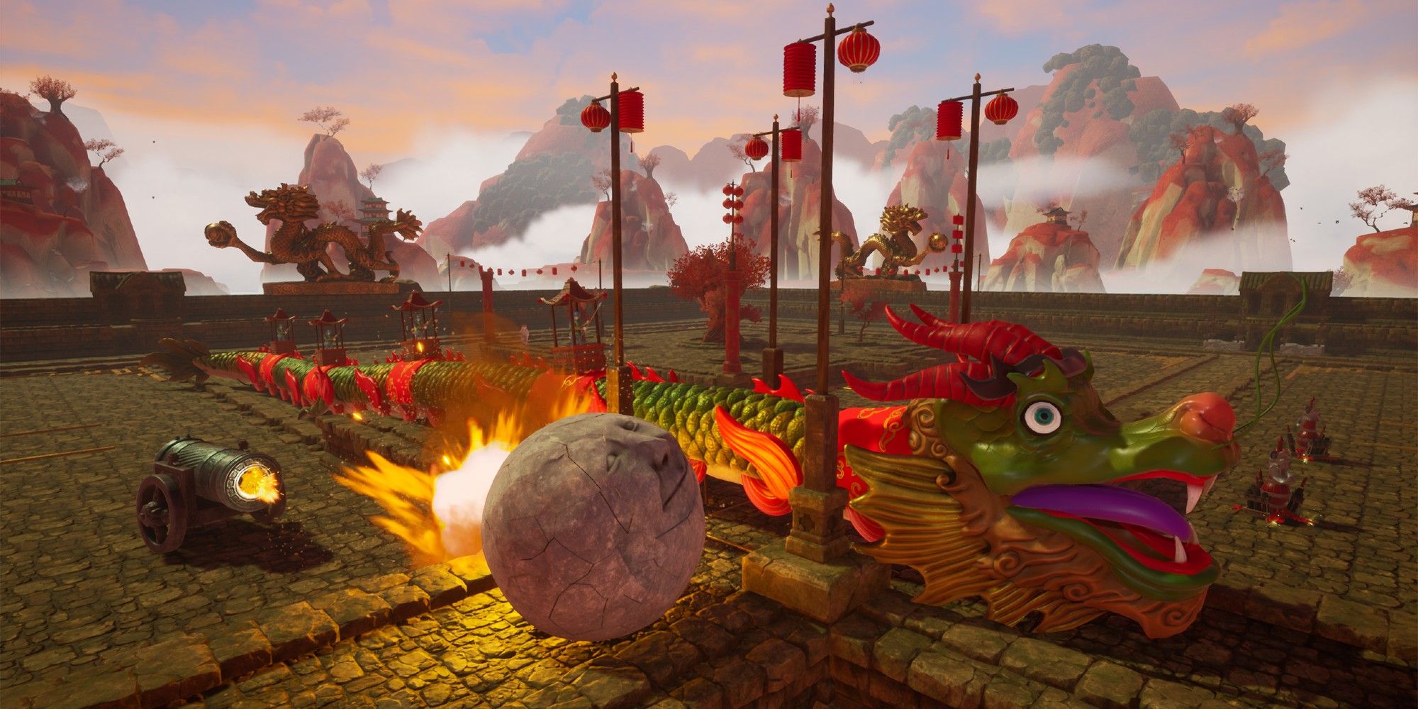 A Chinese Dragon becomes part of an obstacle course in Rock of Ages 3: Make & Break