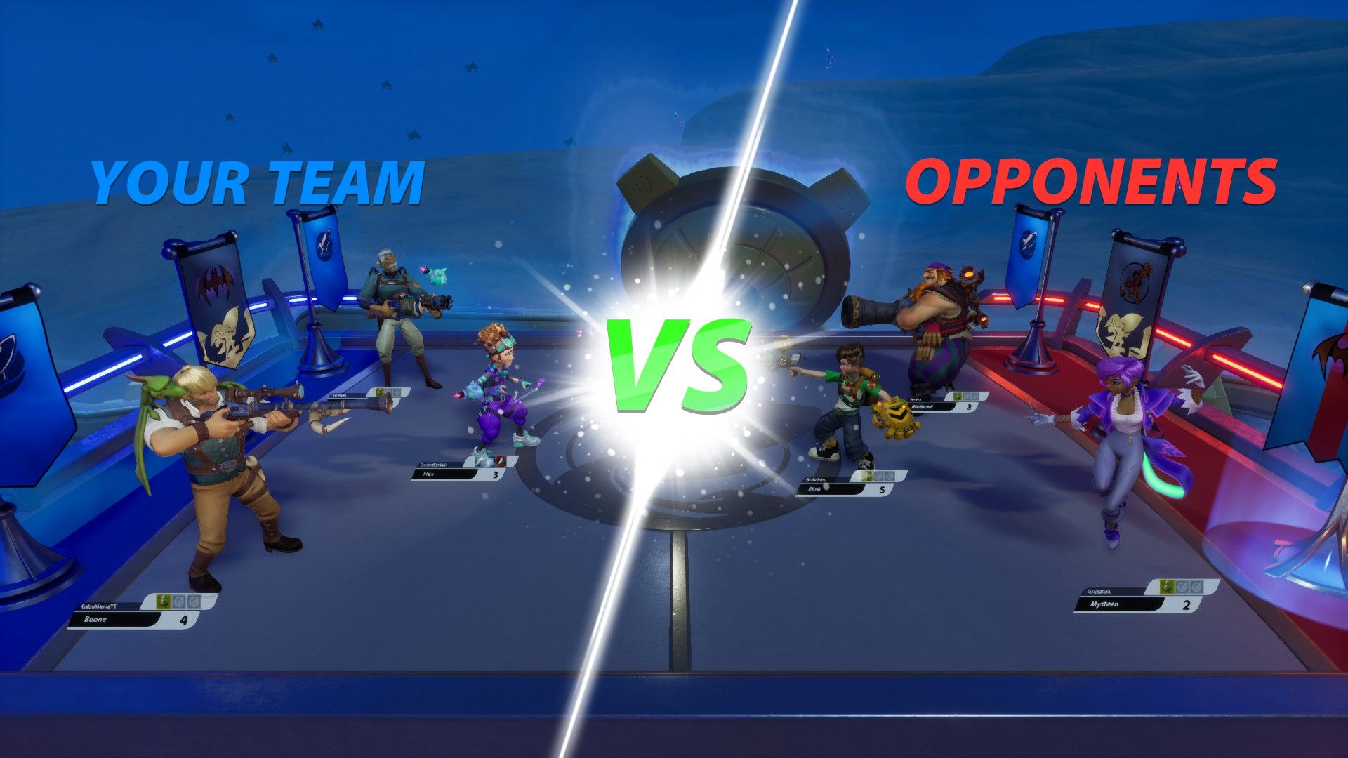 Two teams of three get ready to compete in Rocket Arena