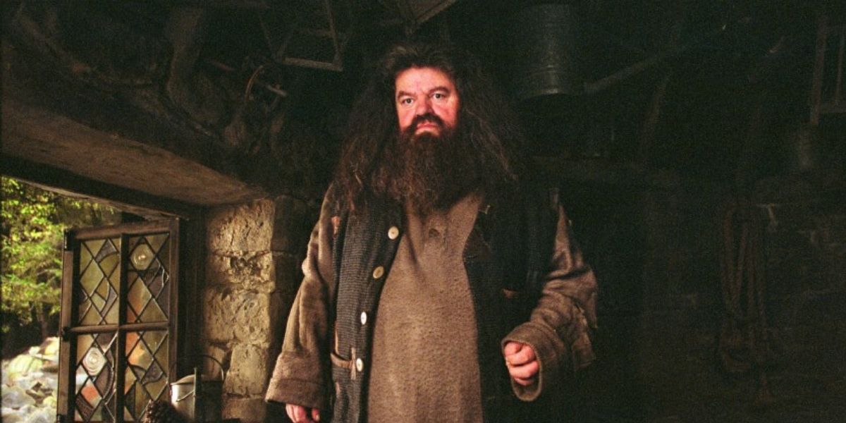 Rubeus Hagrid em sua cabana em Hogwarts.