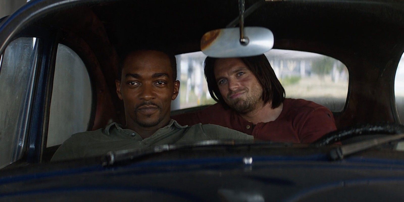 Sam and Bucky in Captain America Civil War in a car together
