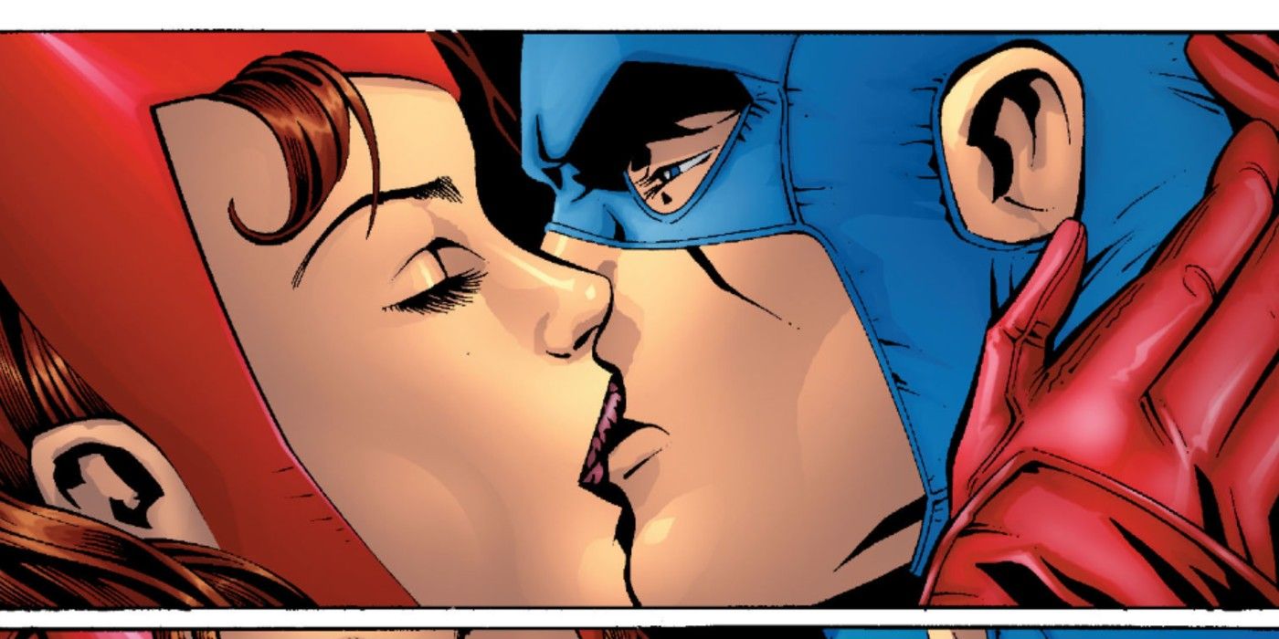 Scarlet Witch and Captain America kissing.