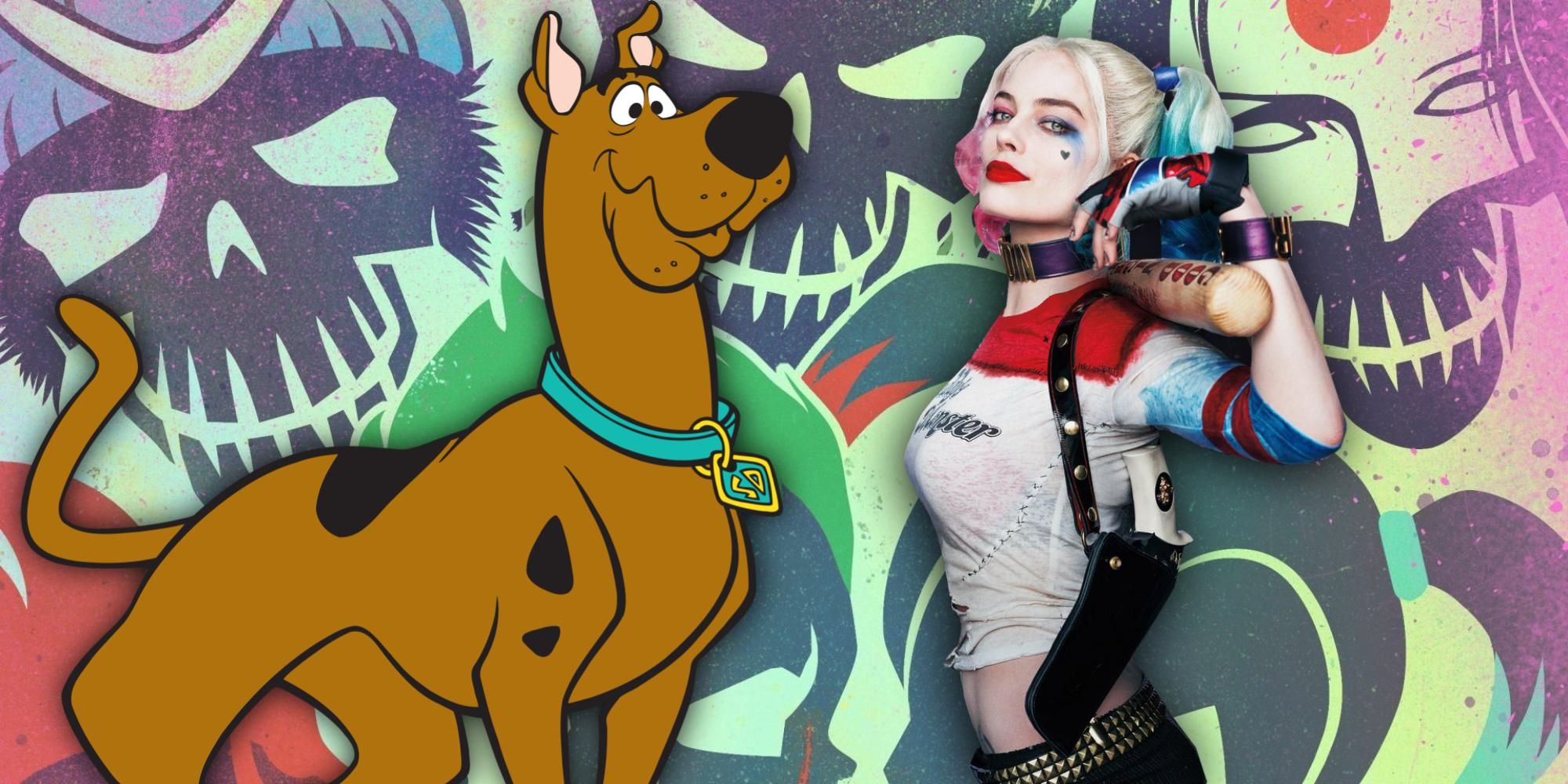 Scooby-Doo and Harley Quinn in front of a Suicide Squad poster background