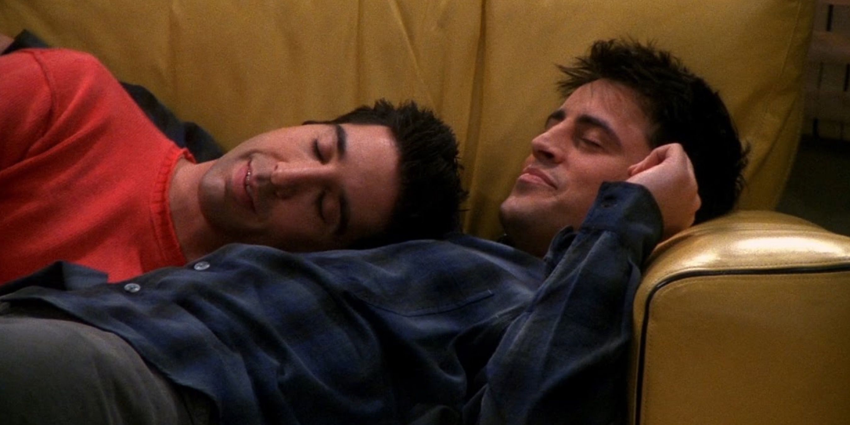 Joey and Ross nap with each other in Joey's apartment in Friends