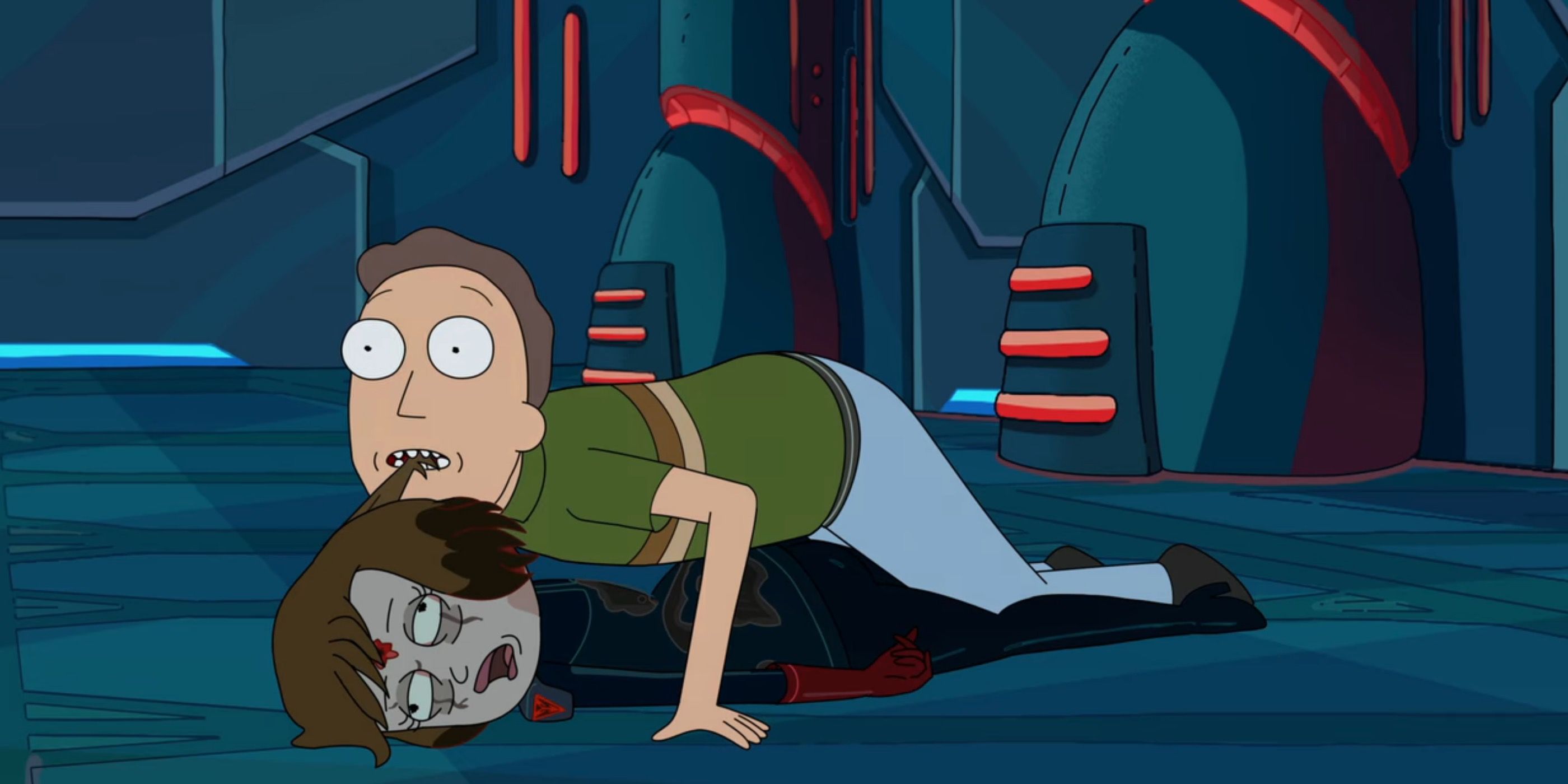 Jerry Falls on Tammy in Rick and Morty.