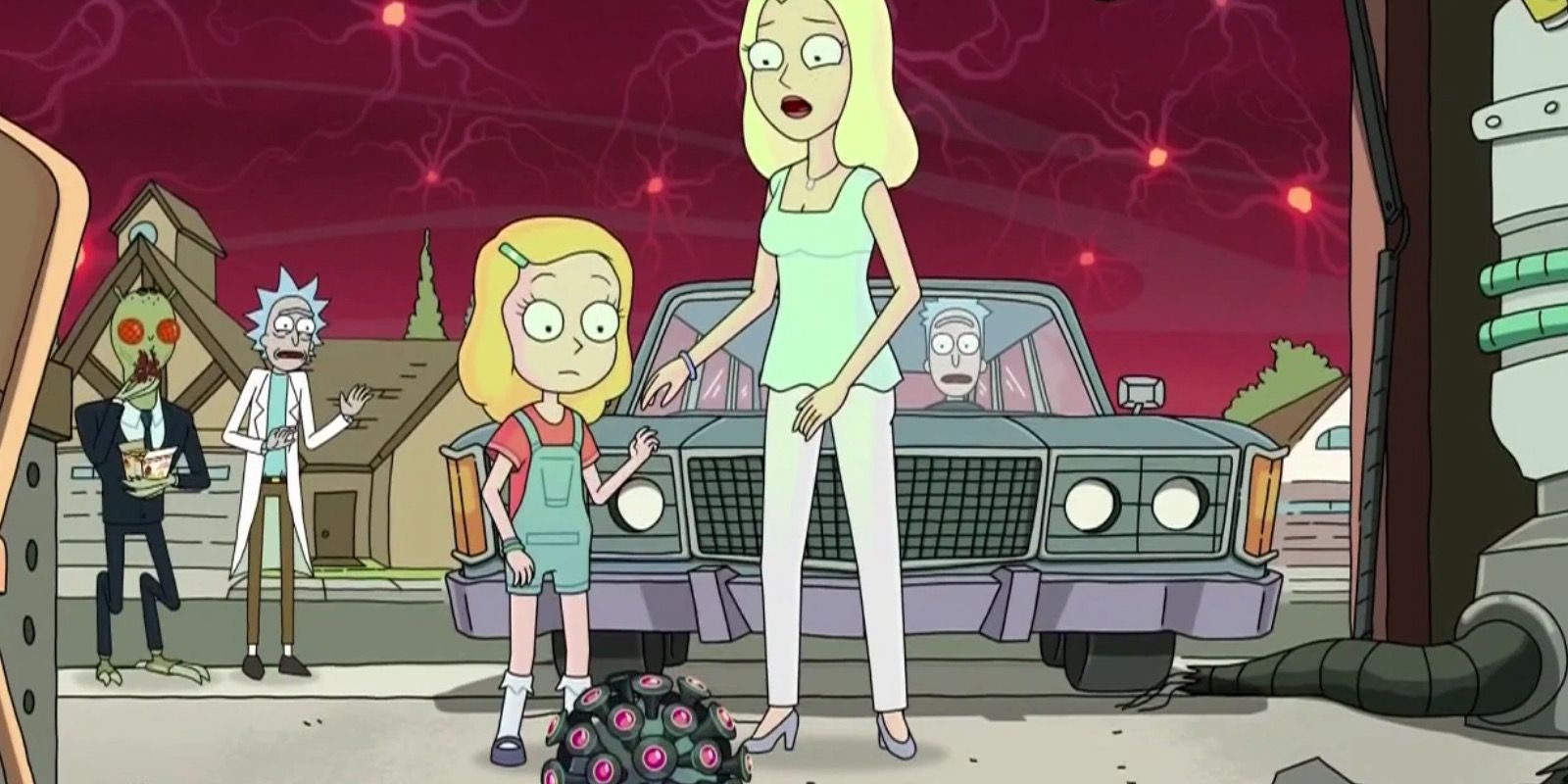 Diane and Beth look down at a bomb right before it goes off on Rick and Morty