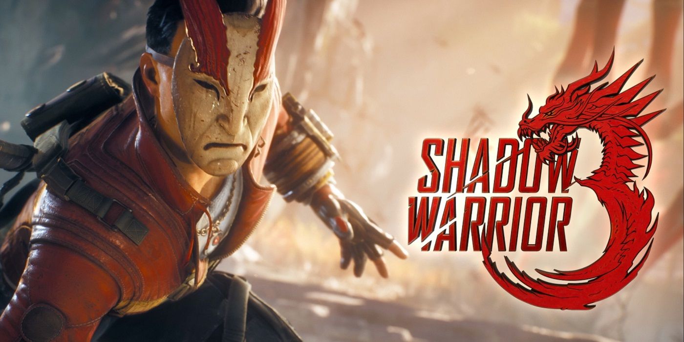 Lo Wang poses next to the logo for Shadow Warrior 3