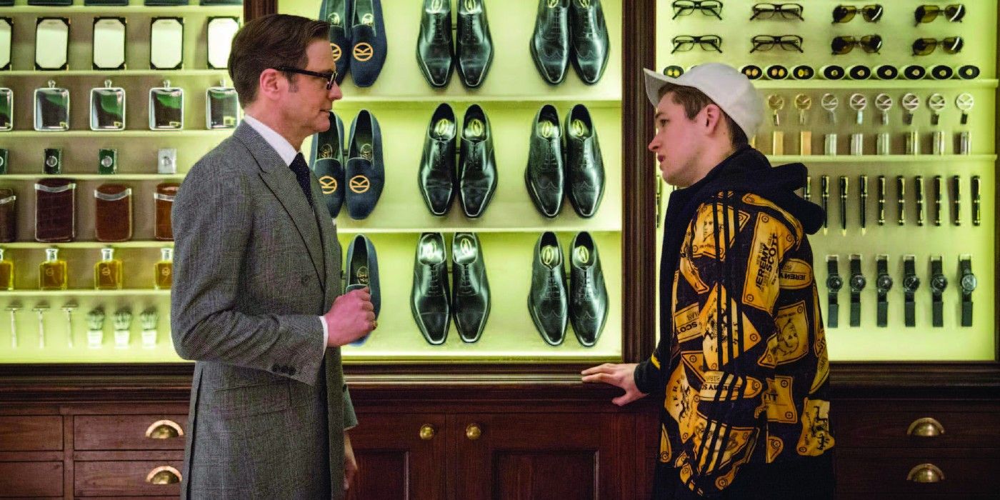 Harry and Eggsy in a weapon's closet in Kingsman
