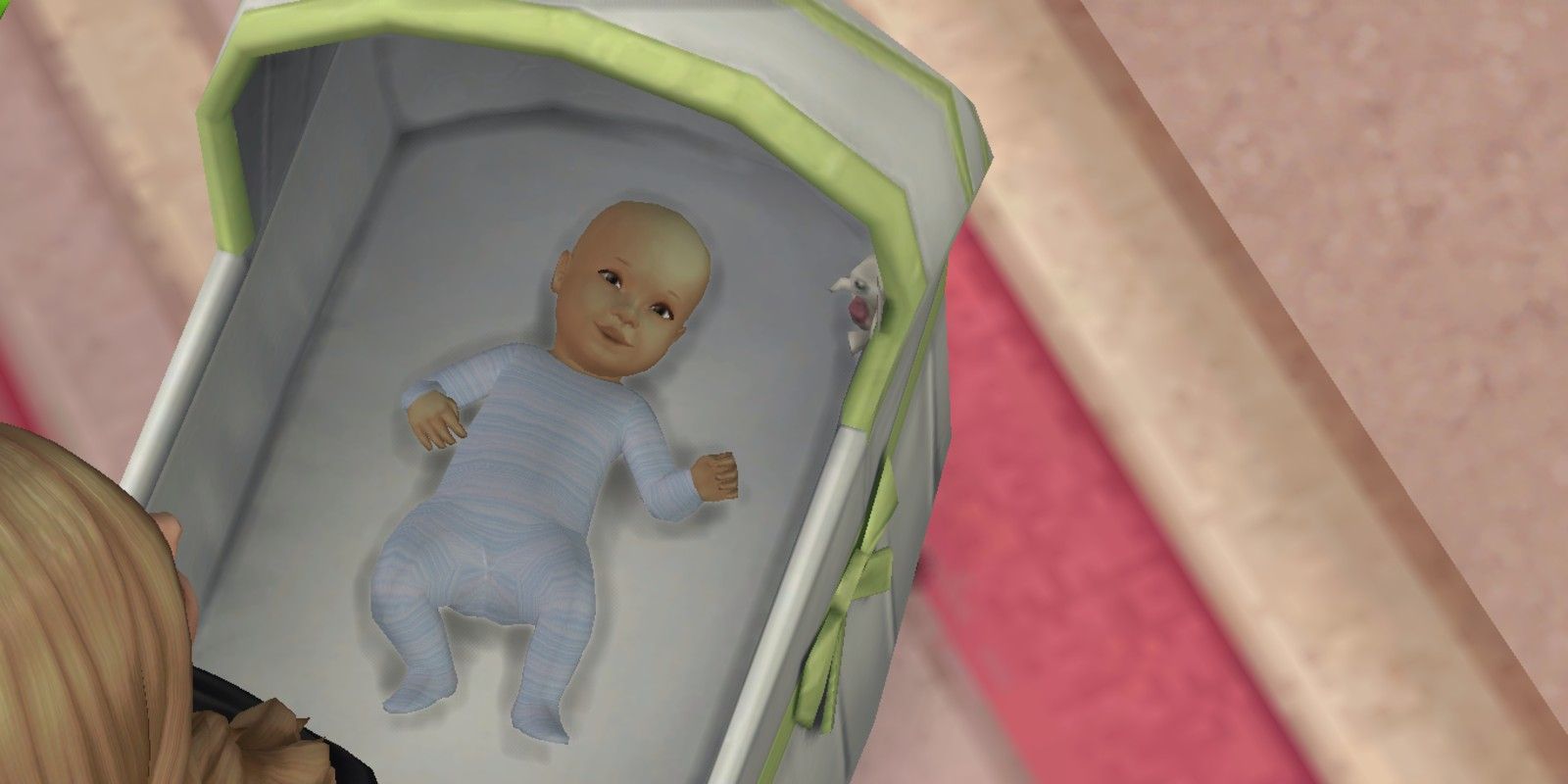 Um bebê no berço após o nascimento em The Sims 4.