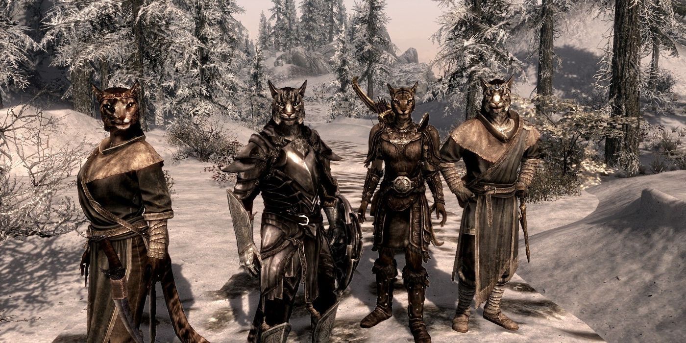 Un grupo de Khajiits en Skyrim.