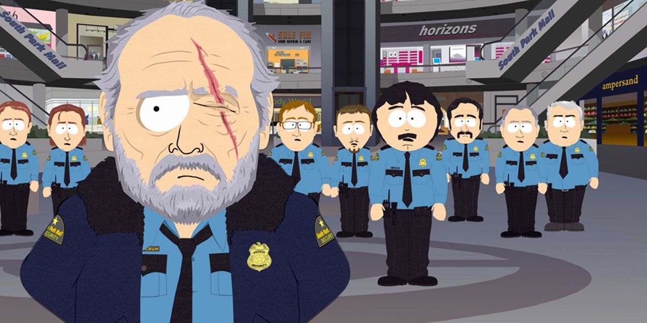 The Captain stands in front of Randy and the other security guards in a mall in South Park.