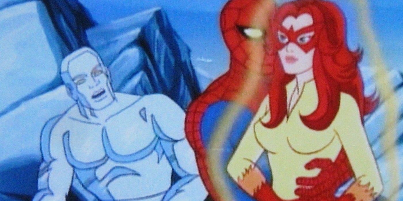 Spider-Man hugging Firestar while Iceman watches.